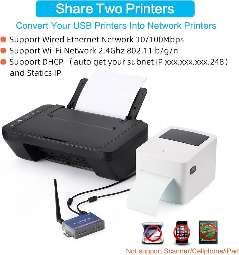 CHEECENT Store خادم طباعة لاسلكي لطابعة USB (ليس توصيل وتشغيل)، خادم طباعة USB ذو منفذين، تحويل الطابعة السلكية إلى شبكة لاسلكية WiFi Ethernet - متوافق مع ويندوز وماك ولينكس - CR202 - Image 3